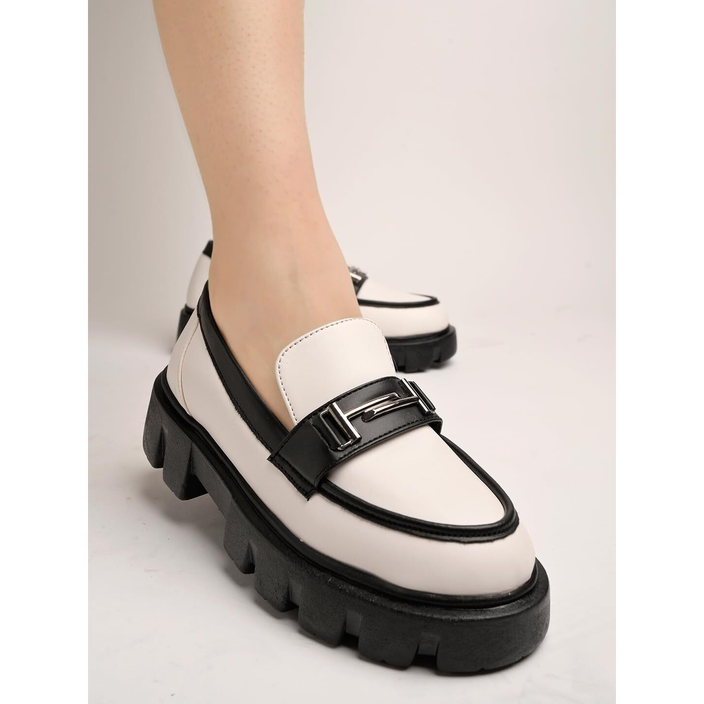 Shoetopia Front Buckle Detailed White Loafers For Women & Girls /Uk3-Eu36