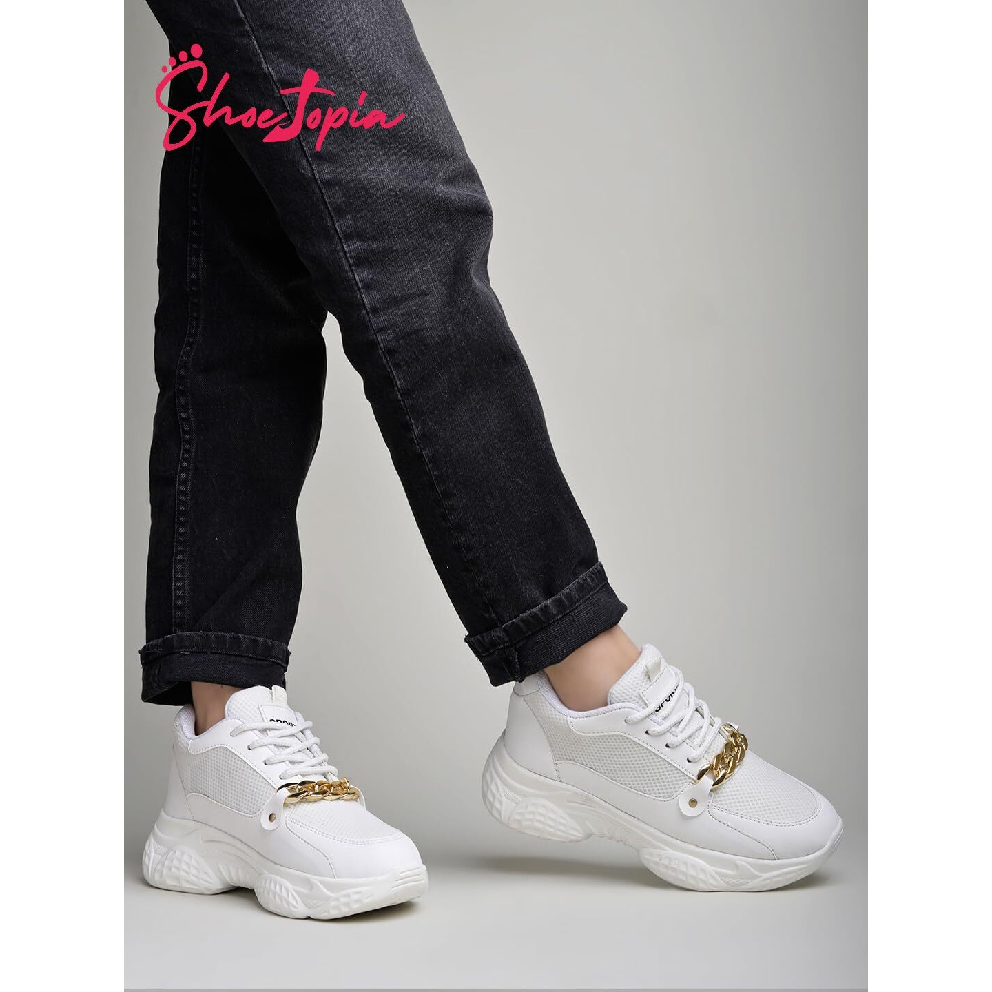 Shoetopia Chain Detailed White Sneakers For Girls-Eu40