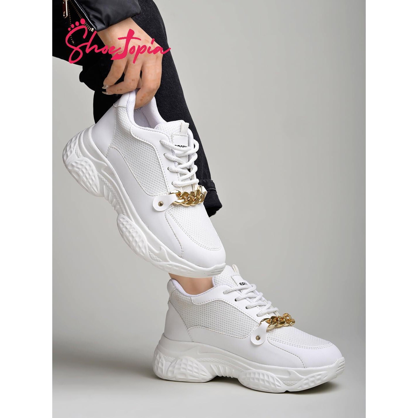 Shoetopia Chain Detailed White Sneakers For Girls-Eu40