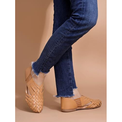 Shoetopia Women's Tan Woven Ballerina Flats  Ethnic Style Comfortable Slip-On Juttis With Closed Toe For Casual & Festive -Eu40