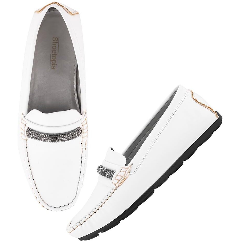 Shoetopia Upper Chain Detailed White Loafers For Women & Girls /Eu41
