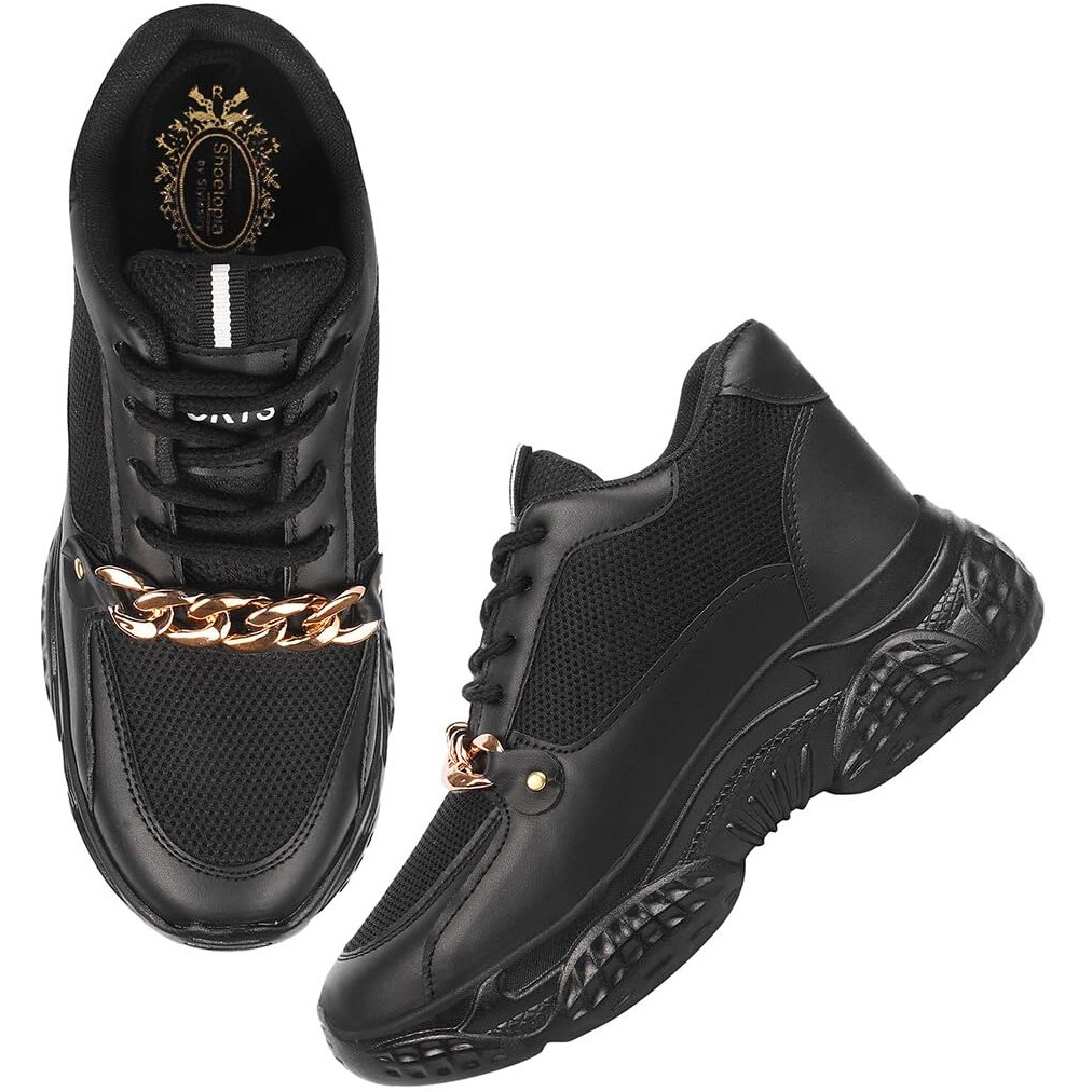 Shoetopia Chain Detailed Black Sneakers For Women & Girls-Eu41