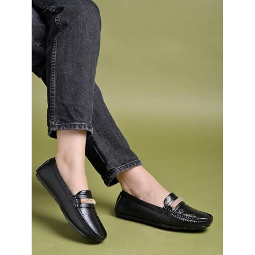 Shoetopia Upper Chain Detailed Black Loafers For Women & Girls /Eu41