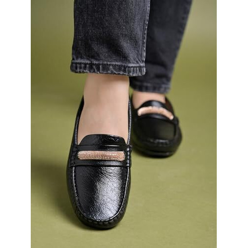 Shoetopia Upper Chain Detailed Black Loafers For Women & Girls /Eu41