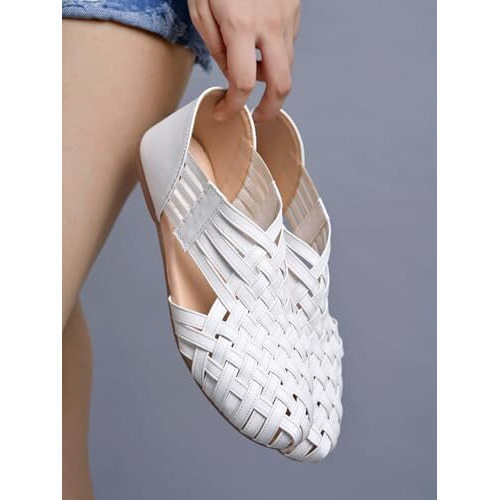 Shoetopia Women's White Woven Ballerina Flats  Ethnic Style Comfortable Slip-On Juttis With Closed Toe For Casual & Festive -Eu37
