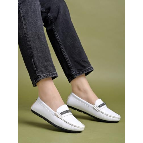 Shoetopia Upper Chain Detailed White Loafers For Women & Girls /Eu37