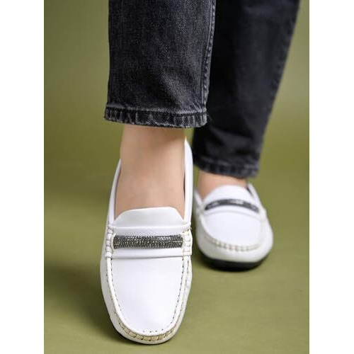 Shoetopia Upper Chain Detailed White Loafers For Women & Girls /Eu37