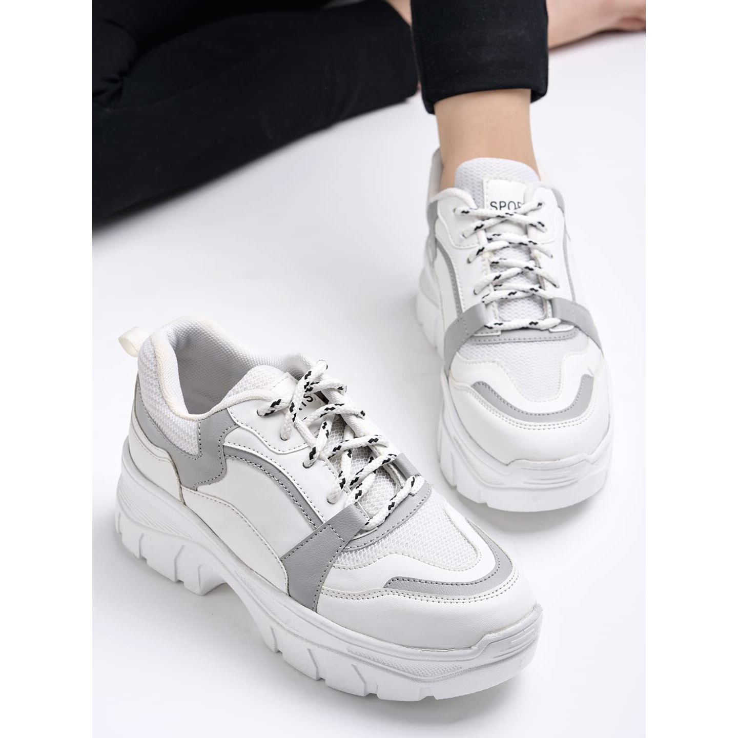 Shoeopia Lace-Up Detail Grey Chunky Sneakers For Women & Girls /Uk4