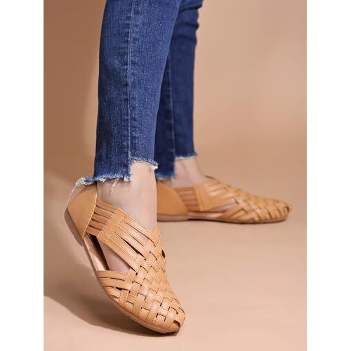 Shoetopia Women's Tan Woven Ballerina Flats  Ethnic Style Comfortable Slip-On Juttis With Closed Toe For Casual & Festive -Eu38