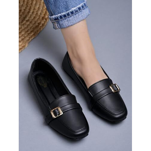 Shoetopai Women's Black Classic Loafer Belly Shoes With Buckle Detail  Comfortable Slip-On Flats For Office & Daily Eu36