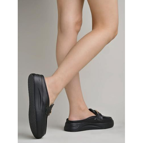 Women's Quilted Slip-On Loafer Mules With Gold Chain Detail  Casual Comfort Platform Backless Shoes Black-Eu36