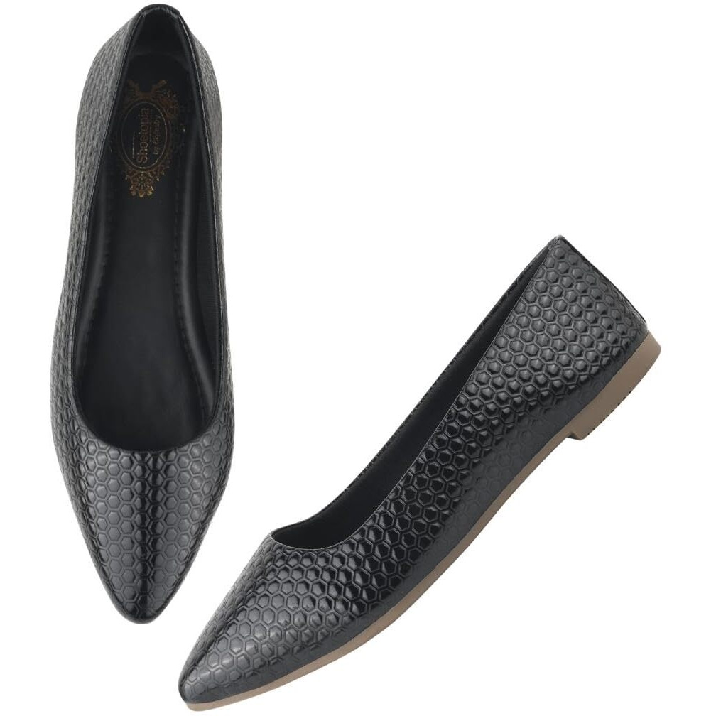 Shoetopia Women's Blacktextured Bellies  Stylish Pointed Toe Flats For Office, Casual & Daily Eu37