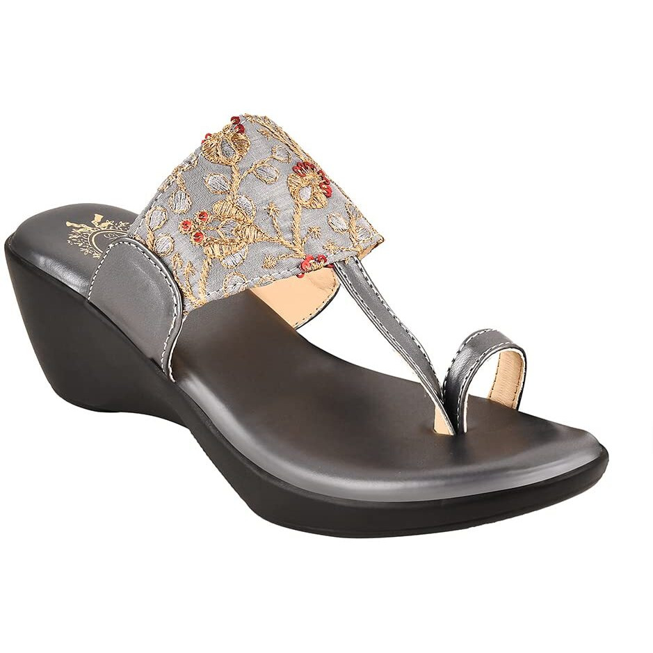 Shoetopia Embroidered Ethnic Grey Kolhapuri Wedgess For Women & Girls /Uk7