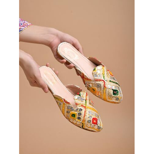 Shoetopia Women's Multicolor Embroidered Traditional Slip-On Mules  Ethnic Jutti Style Flats With Mirror Work, Gold Base