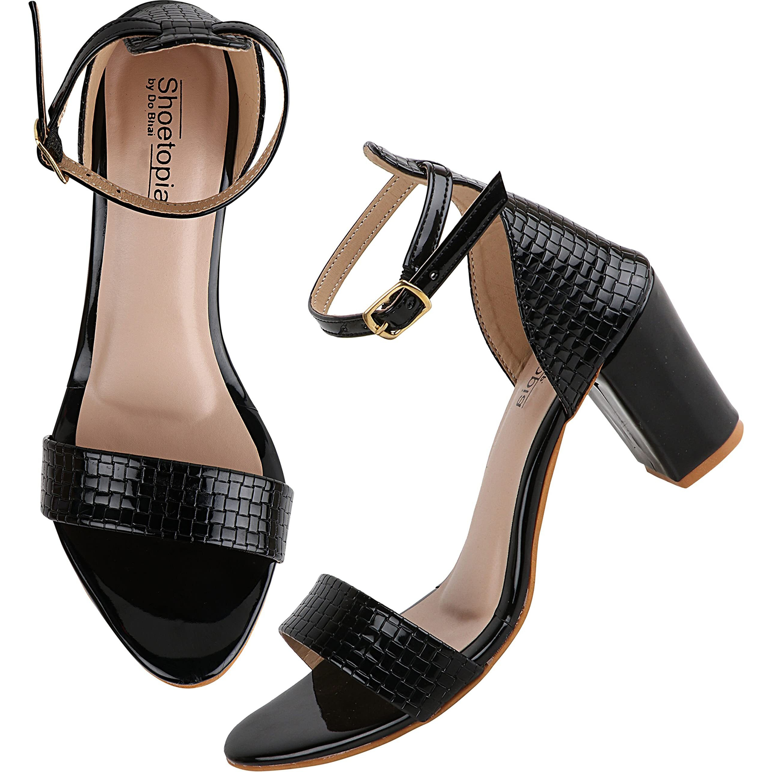 Shoetopia Womens/Girls Black Woven Design Block Heels Sandals