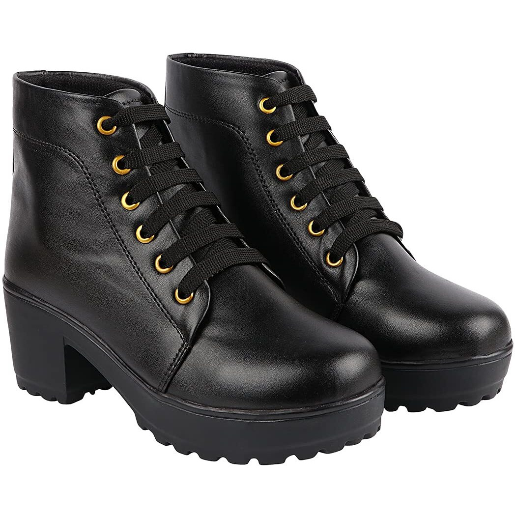 Shoetopia Womens/Girls Black Platform Heeled Classic Solid Boots