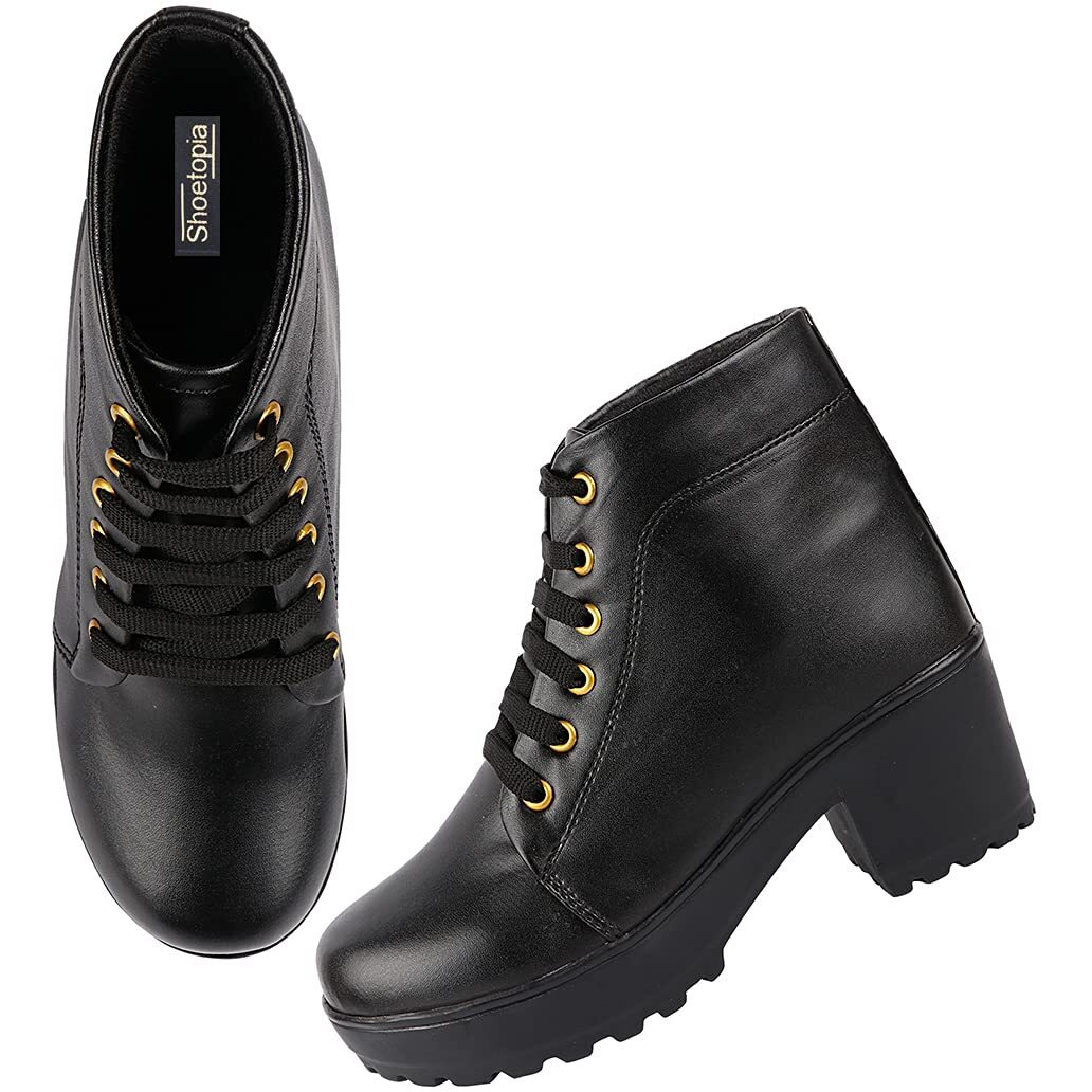 Shoetopia Womens/Girls Black Platform Heeled Classic Solid Boots