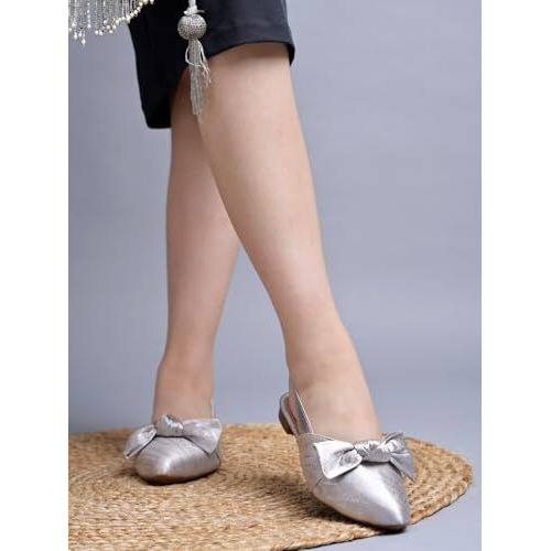 Shoetopia Stylish Decor Bow Point Toe Slingback Cream Mules For Women & Girls /Eu40