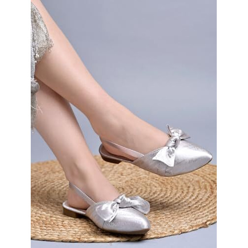 Shoetopia Stylish Decor Bow Point Toe Slingback Cream Mules For Women & Girls /Eu40
