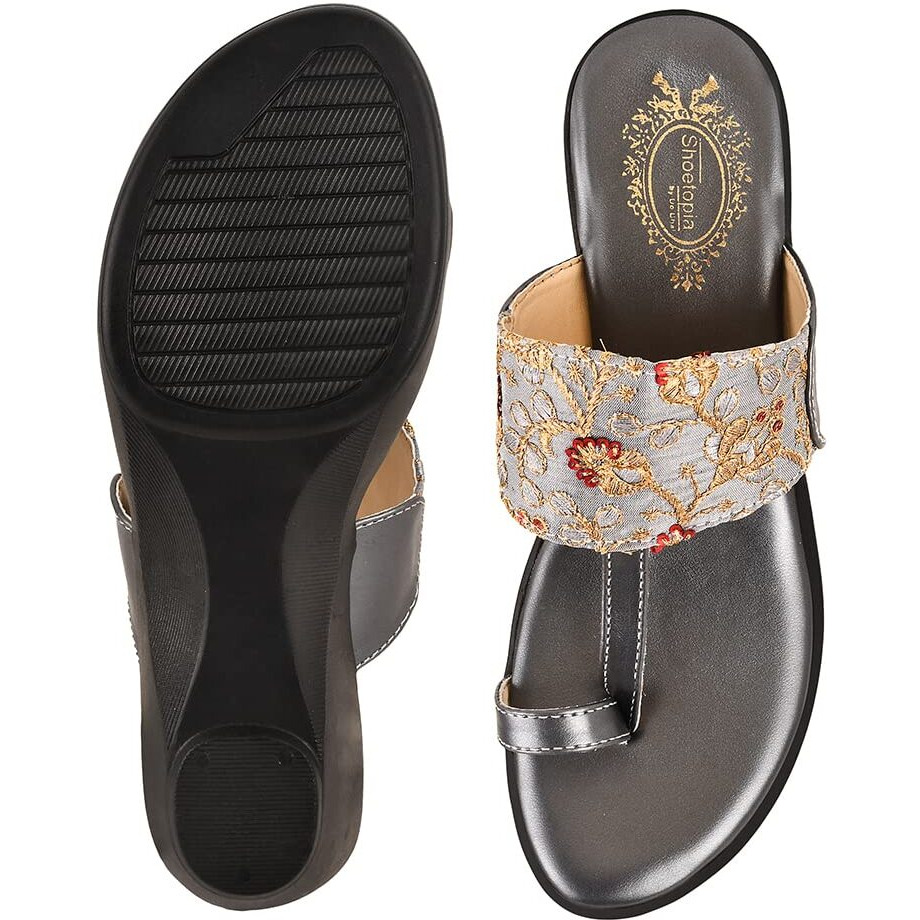 Shoetopia Embroidered Ethnic Grey Kolhapuri Wedgess For Women & Girls /Uk8