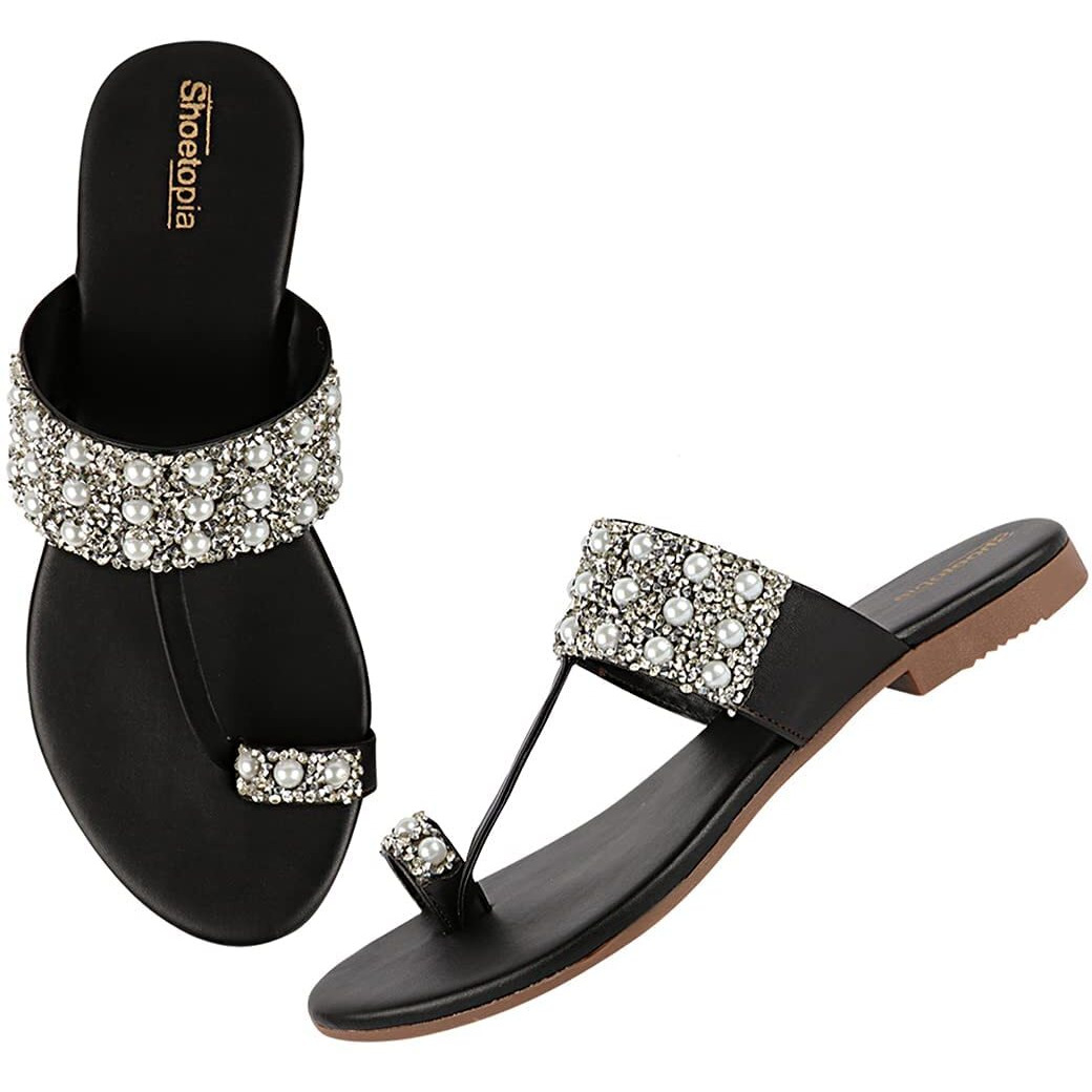 Shoetopia Womens/Girls Black Open Back One Toe Flats