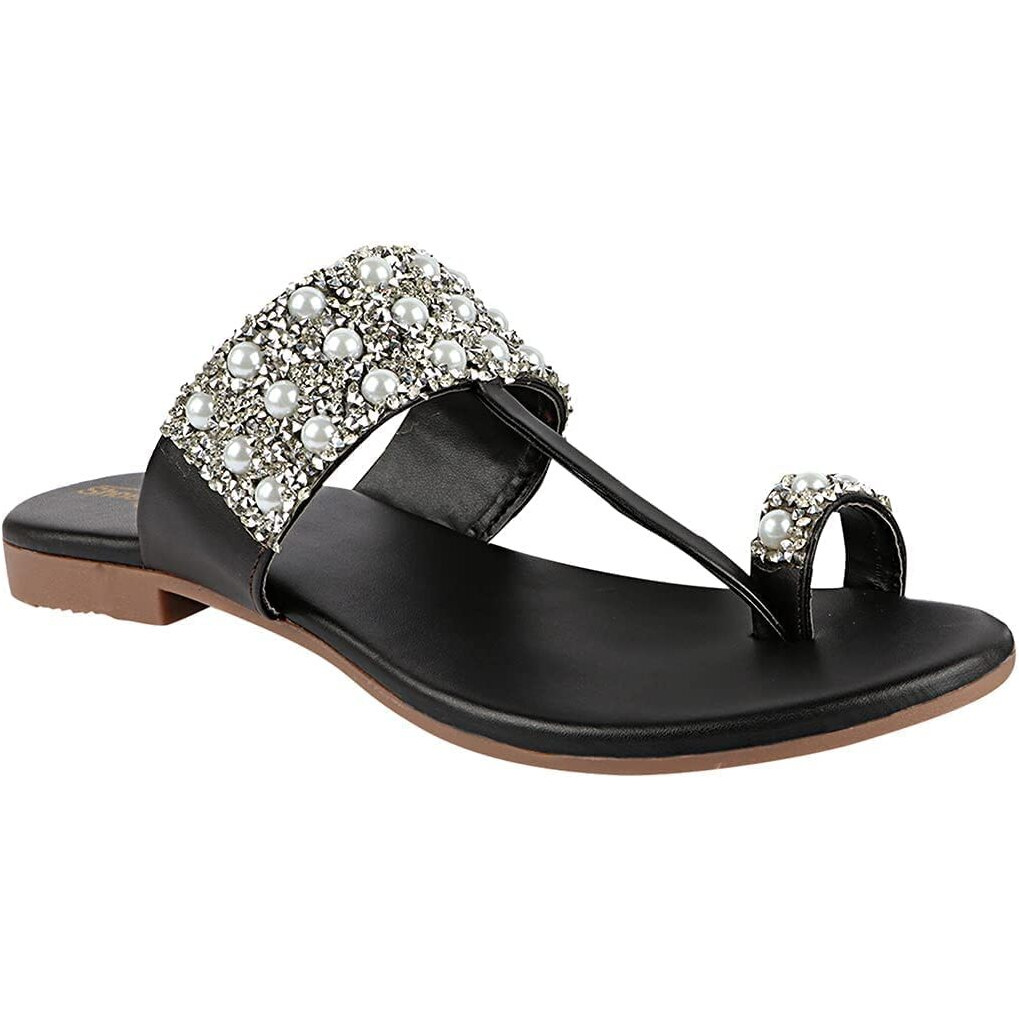 Shoetopia Womens/Girls Black Open Back One Toe Flats