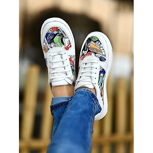Shoeopia Lace-Up Printed Detail White Sneakers For Women & Girls /Uk8