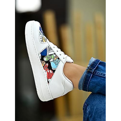 Shoeopia Lace-Up Printed Detail White Sneakers For Women & Girls /Uk8