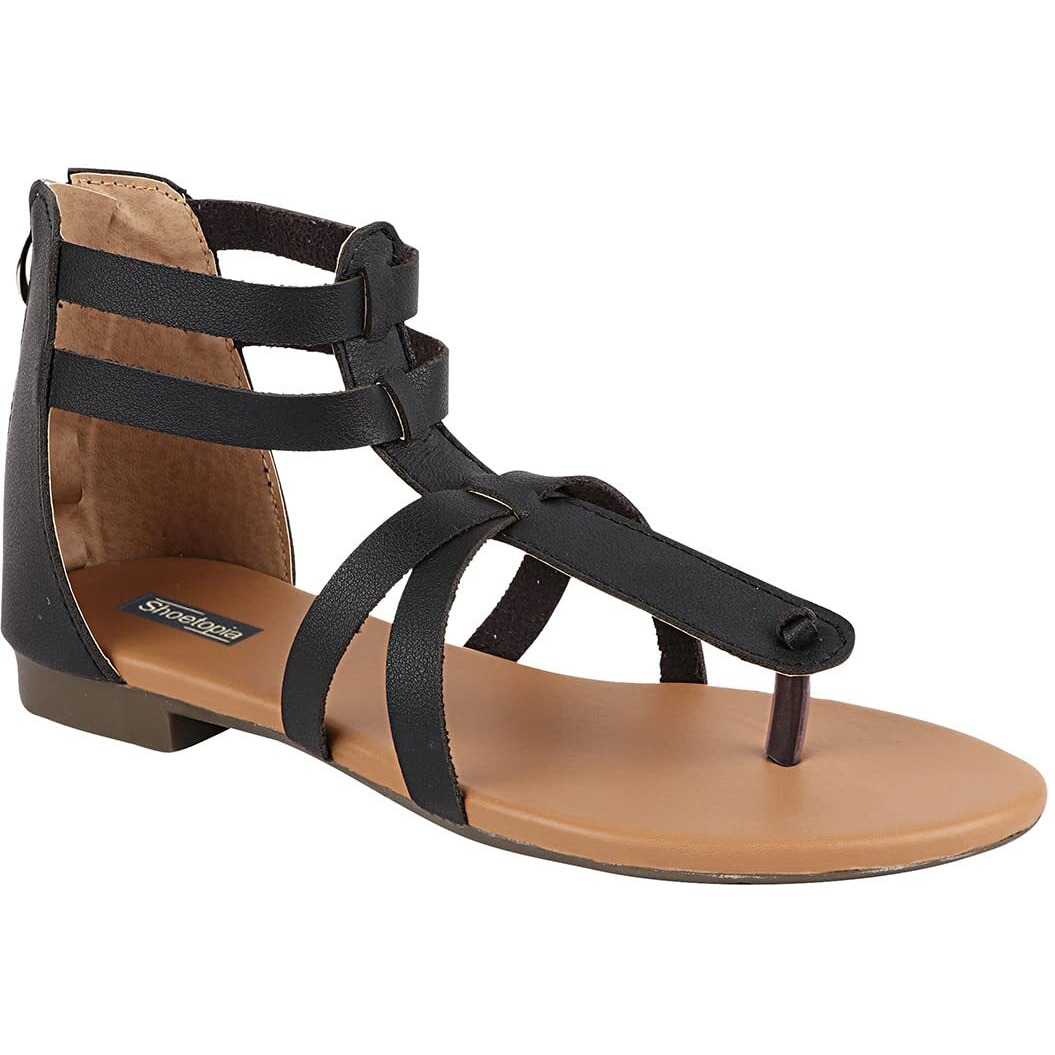 Shoetopia Women Black Gladiator Flats Sandal-Eu38
