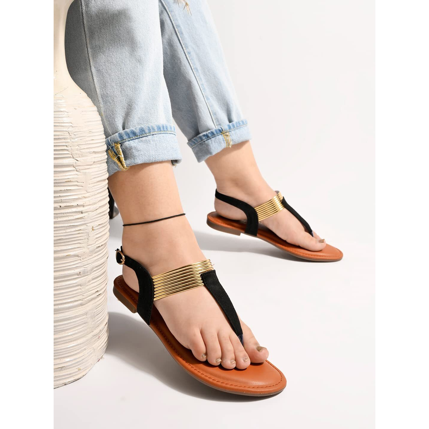 Shoetopia Stylish Ethnic Black Flat Sandals For Women & Girls /Uk8