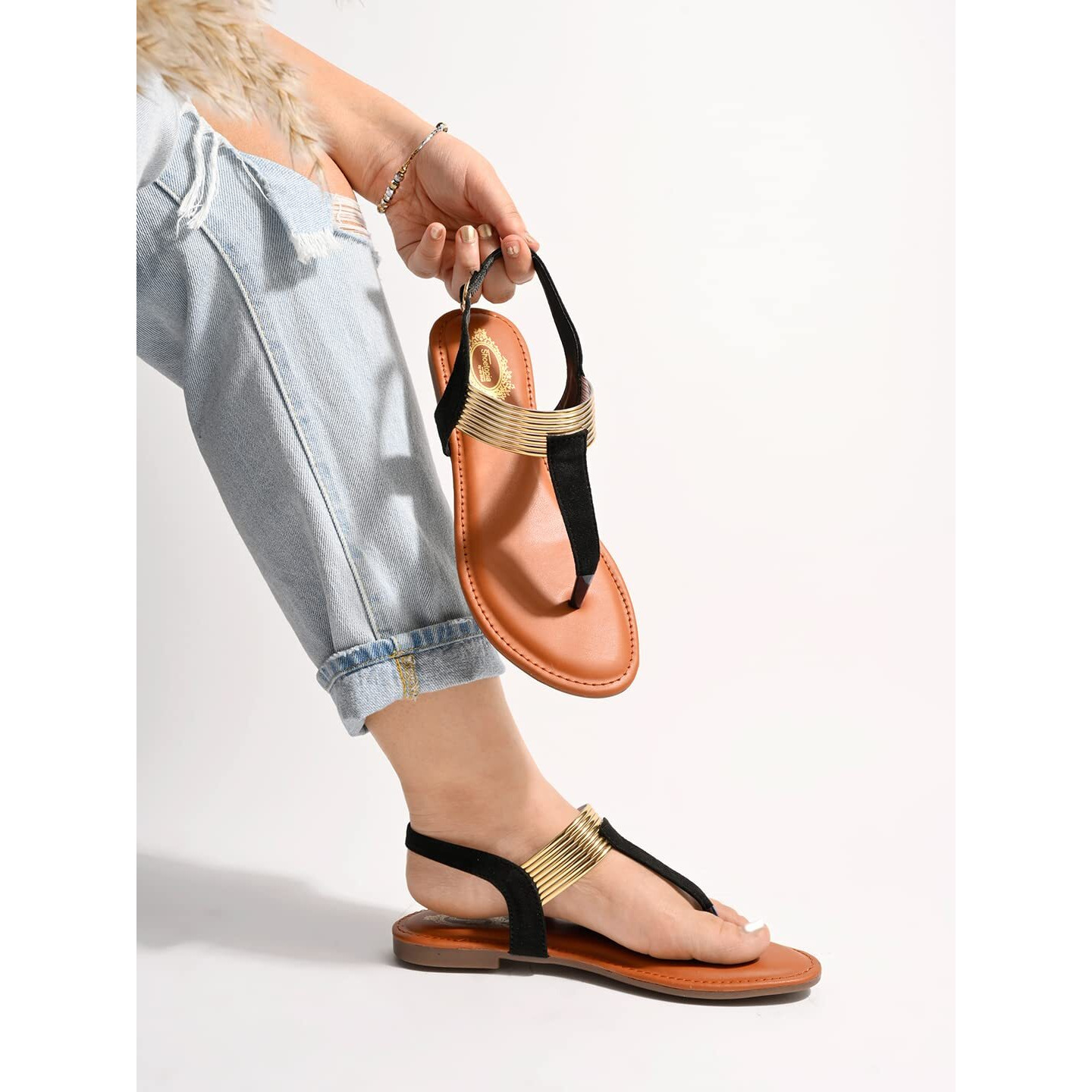 Shoetopia Stylish Ethnic Black Flat Sandals For Women & Girls /Uk8