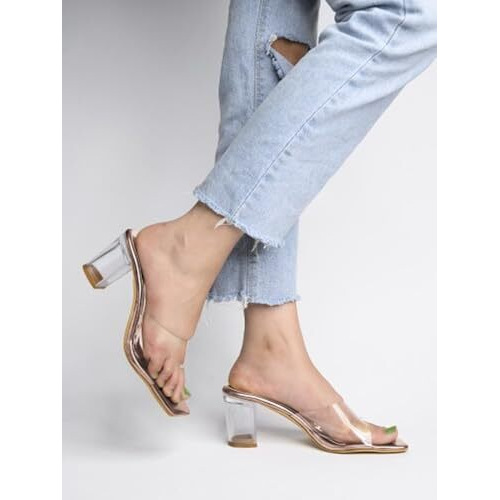 Women's Clear Block Heel Mules Pink || Transparent Strap Slip-On Sandals || Open Toe Chunky Heels Eu37