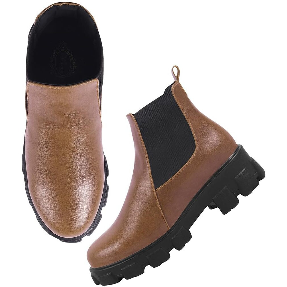 Women's Chunky Chelsea Boots  Tan Ankle Booties With Lug Sole, Slip-On Elastic Side Panels, Stylish Fall/Winter Footwear Eu39