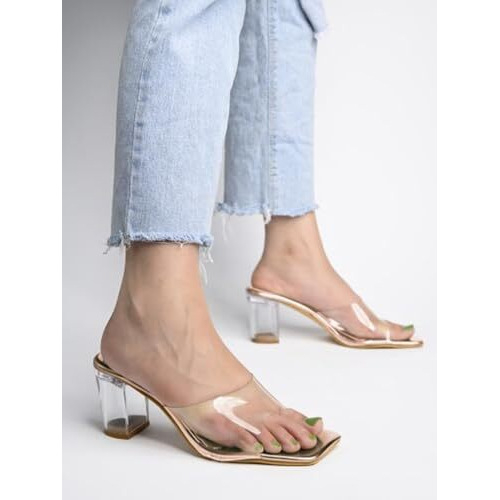 Women's Clear Block Heel Mules Pink || Transparent Strap Slip-On Sandals || Open Toe Chunky Heels Eu39