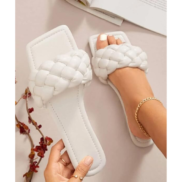Shoetopia Women's White Braided Flat Slip-On Sandals  Comfortable Open-Toe Casual Slides For Summer, Beach Eu41