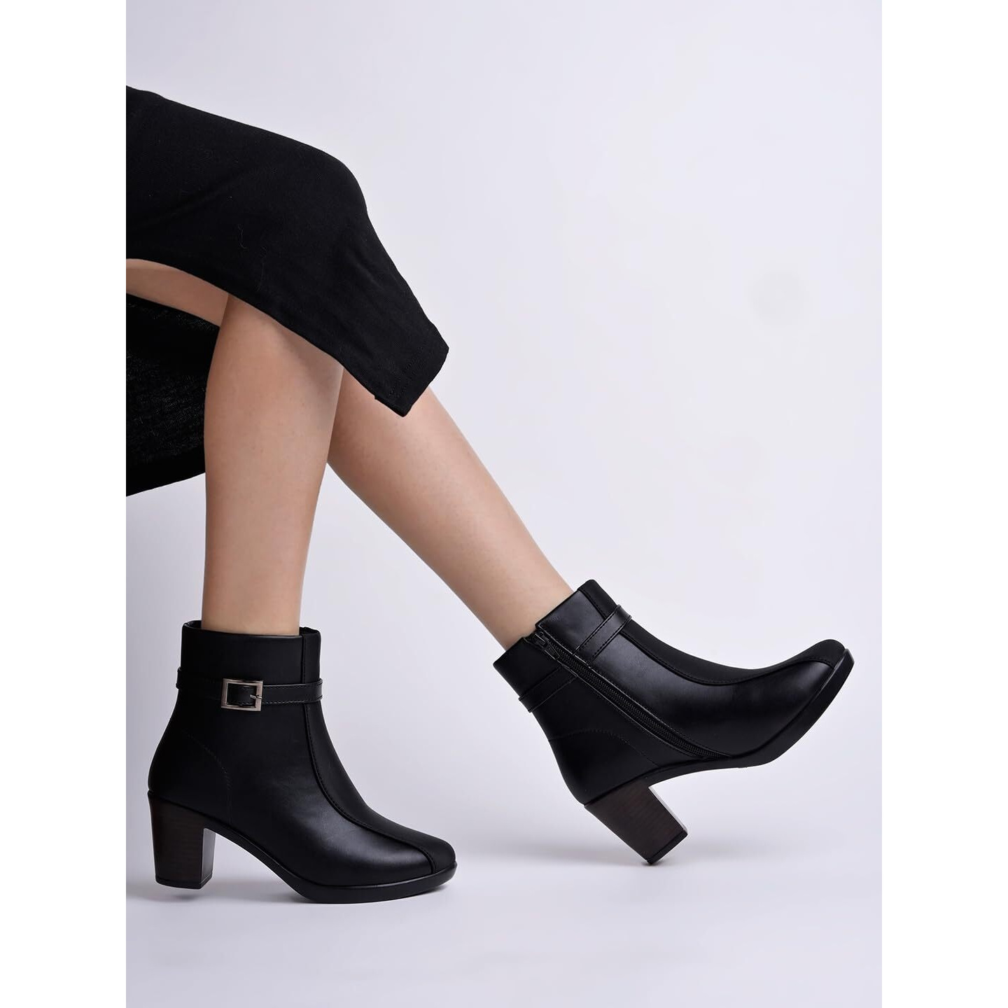 Women's Black Faux Leather Ankle Boots With Mid Heel And Buckle Strap  Side Zipper Comfort Booties For Fall & Winter Eu36