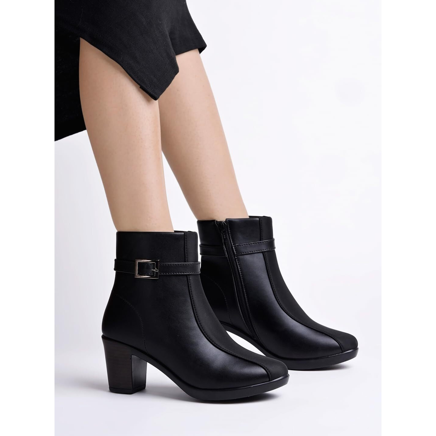 Women's Black Faux Leather Ankle Boots With Mid Heel And Buckle Strap  Side Zipper Comfort Booties For Fall & Winter Eu36