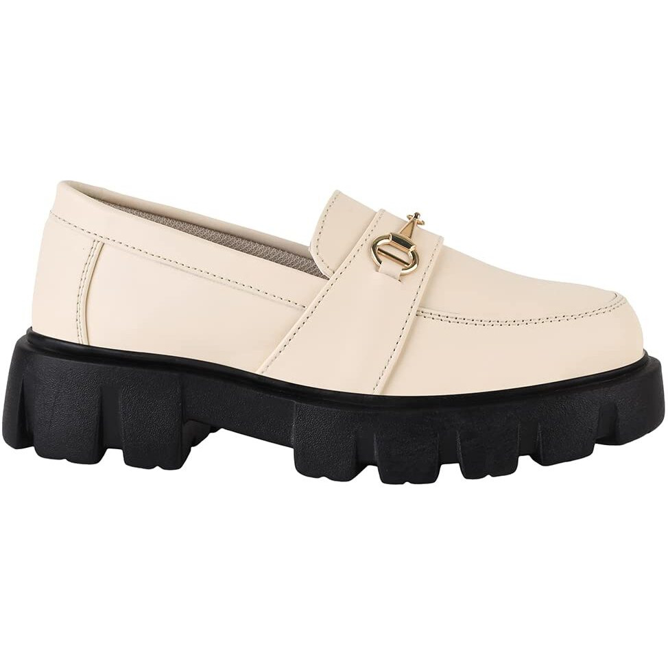 Shoetopia Smart Casual Chain Detailed Cream Loafers For Women & Girls /Uk4
