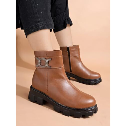 Shoetopia Smart Casual Side Buckle Detailed Tan Boots For Women & Girls /Eu39