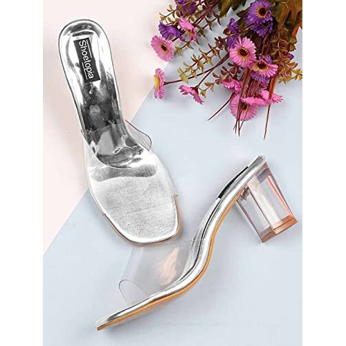 Women's Clear Block Heel Mules Silver || Transparent Strap Slip-On Sandals || Open Toe Chunky Heels Eu37