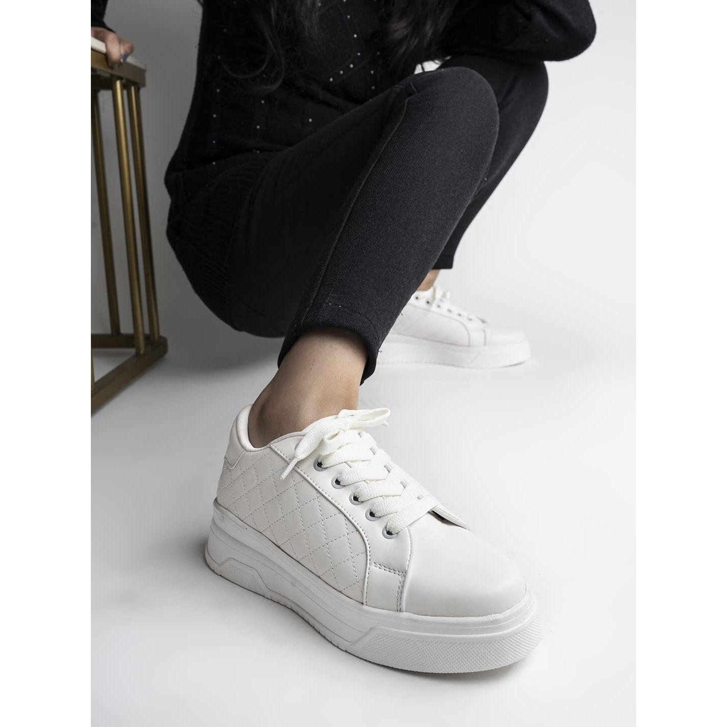 Shoetopia Quilted Detail Lace-Up Sneakers For Women & Girls/A-36/White/Uk5