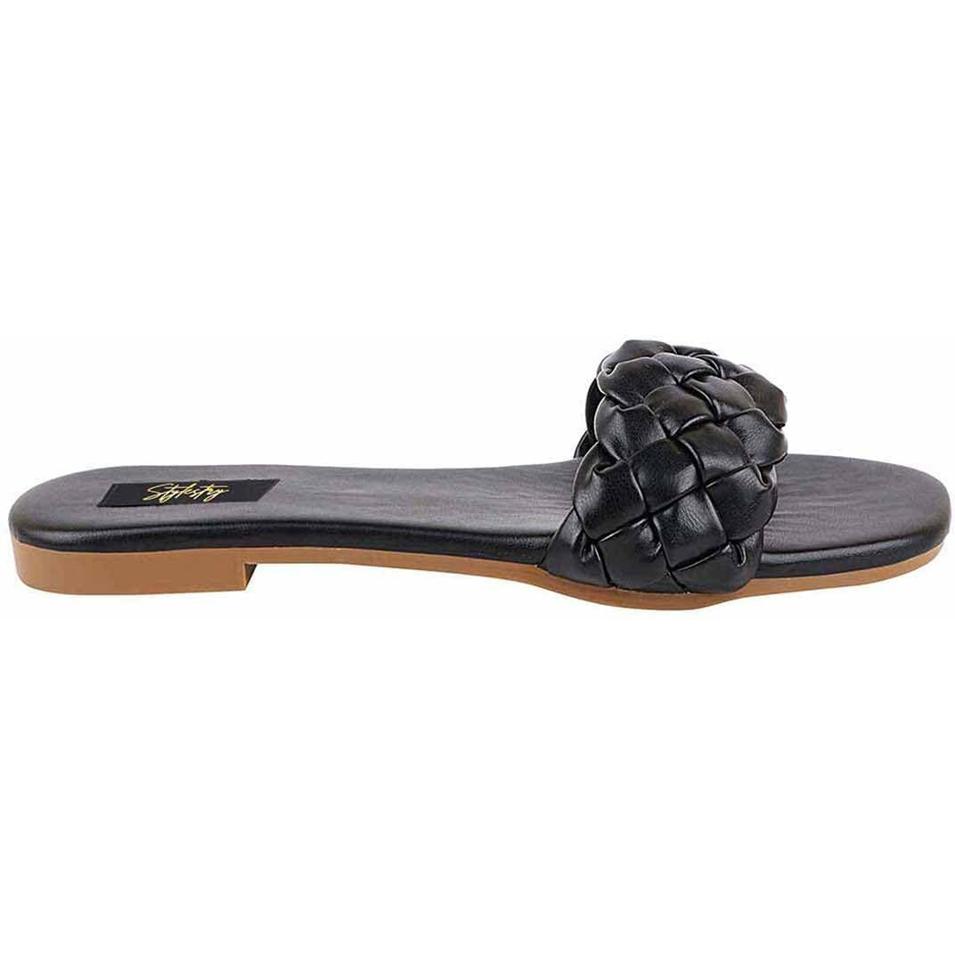 Shoetopia Women's Black Braided Flat Slip-On Sandals  Comfortable Open-Toe Casual Slides For Summer, Beach Eu37