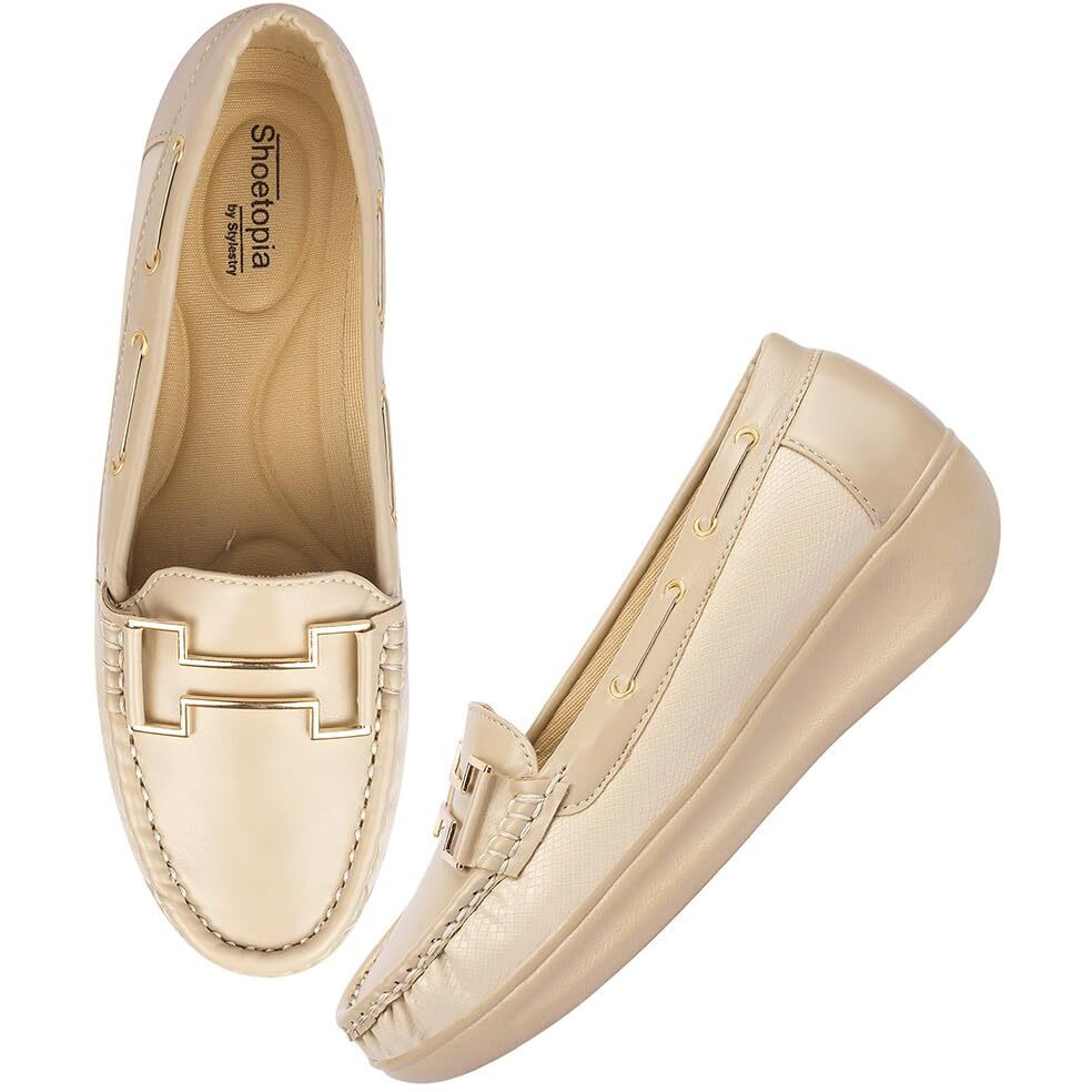 Shoetopia Upper Buckle Detailed Beige Loafers For Women & Gilrs-Eu36