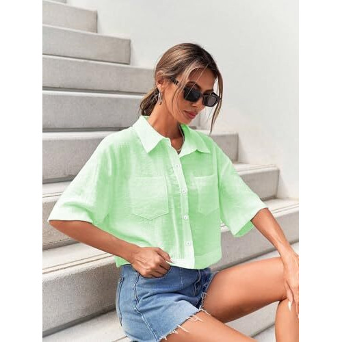 Toplot V-Collar Solid Crop Shirt For Women With Half Sleeves (Crop-Shirt-5183-Pista-S)