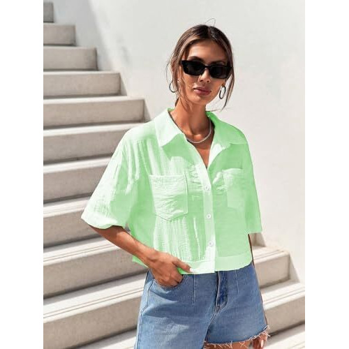 Toplot V-Collar Solid Crop Shirt For Women With Half Sleeves (Crop-Shirt-5183-Pista-S)