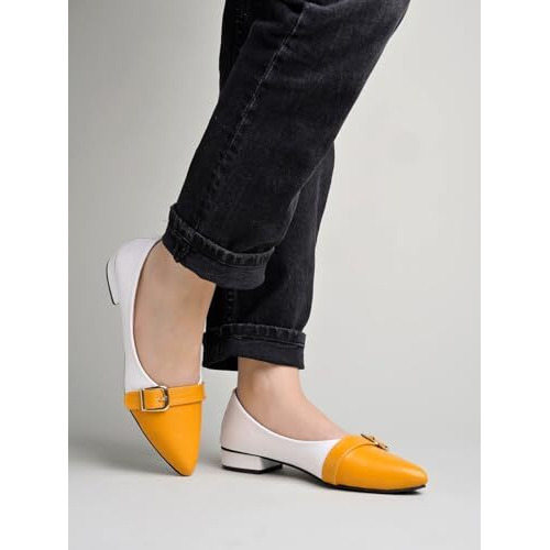 Shoetopia Women's Block Heel Ballet Flats Yellow
