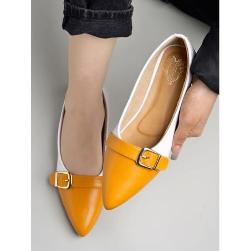 Shoetopia Women's Block Heel Ballet Flats Yellow