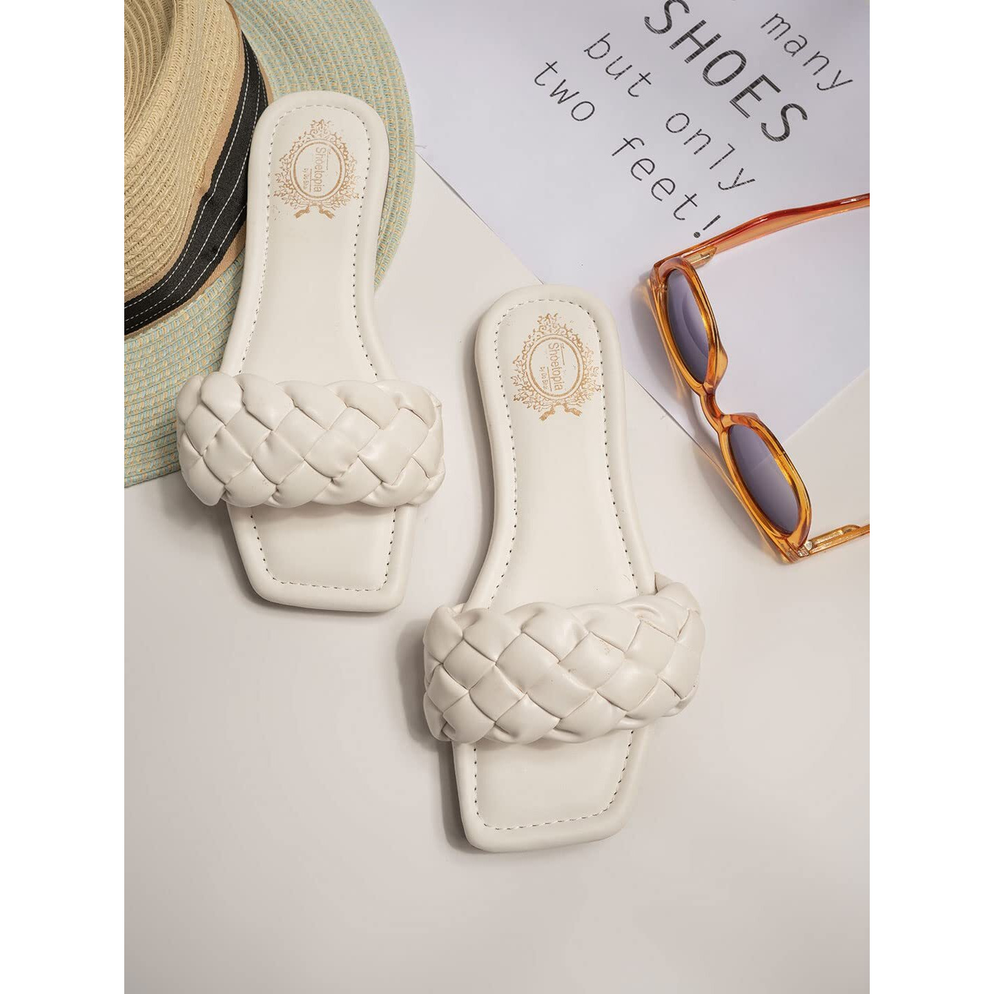 Shoetopia Women's White Braided Flat Slip-On Sandals  Comfortable Open-Toe Casual Slides For Summer, Beach Eu40