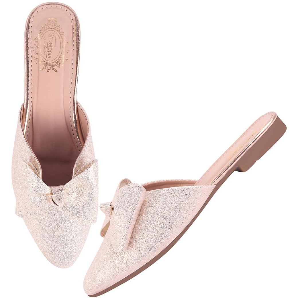 Shoetopia Women's Golden Glitter Slip-On Mules With Bow  Elegant Flat Backless Loafers For Parties & Casual Wear Eu36