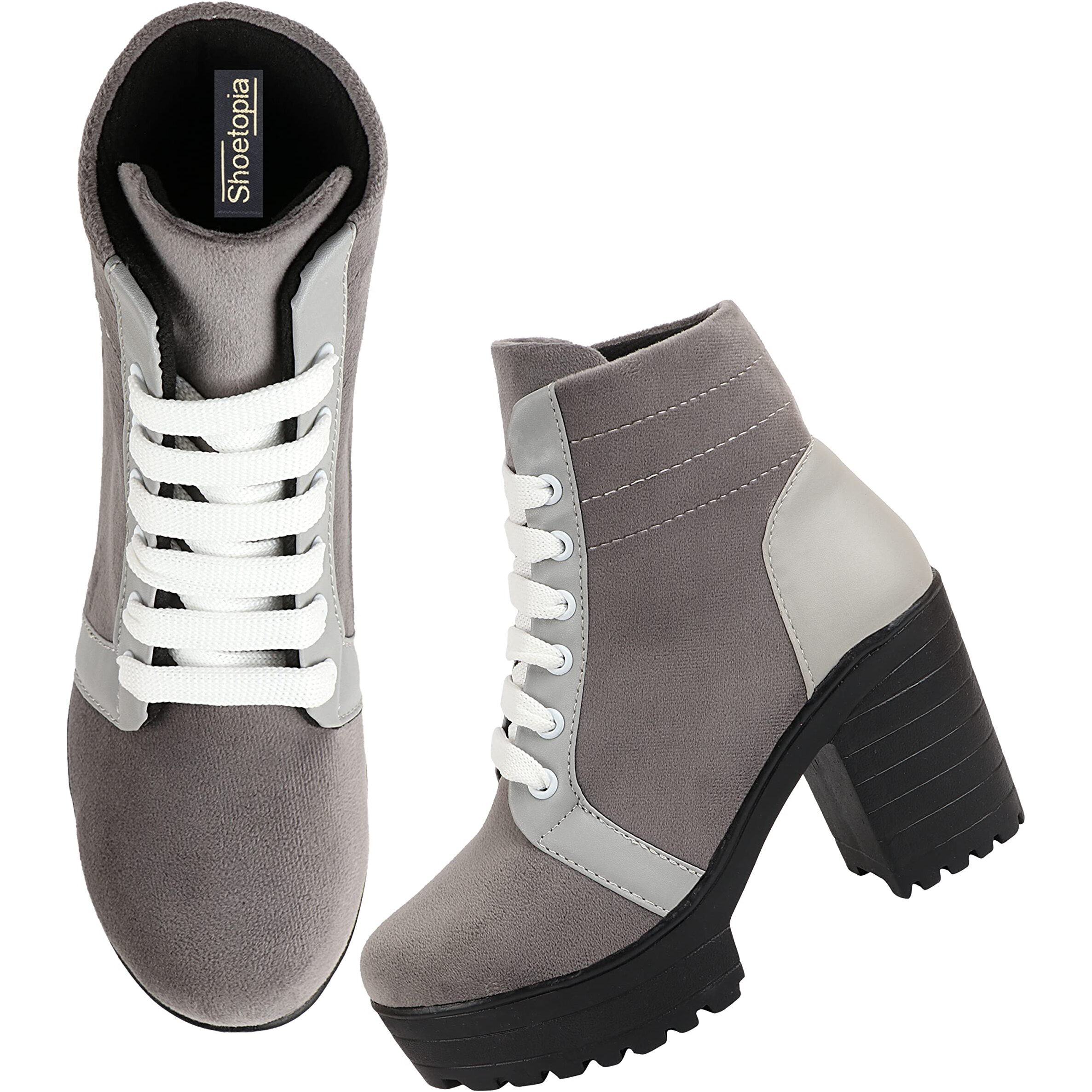 Shoetopia Women Grey Block Heeled Lace Up Boot-Eu41